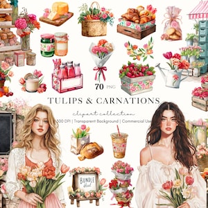 May include: A watercolour clipart collection showcasing tulips and carnations, including market scenes with baked goods, cheese, fruit baskets, and bouquets. The collection features two women with flowers, and the text "TULIPS & CARNATIONS".