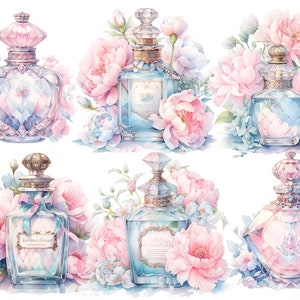 Puede incluir: Seis botellas de perfume de estilo vintage con tapones y etiquetas ornamentados. Cada botella est&aacute; rodeada de peon&iacute;as rosas y blancas y flores azules.