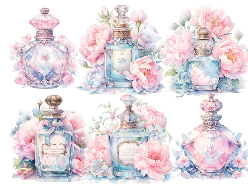 Puede incluir: Seis botellas de perfume de estilo vintage con tapones y etiquetas ornamentados. Cada botella est&aacute; rodeada de peon&iacute;as rosas y blancas y flores azules.