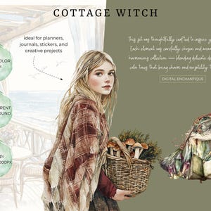 Watercolor cottage witch clipart featuring magical cottagecore elements, witchy items, and rustic pagan-inspired designs. Perfect for junk journals, digital stickers, planners, and scrapbooking.