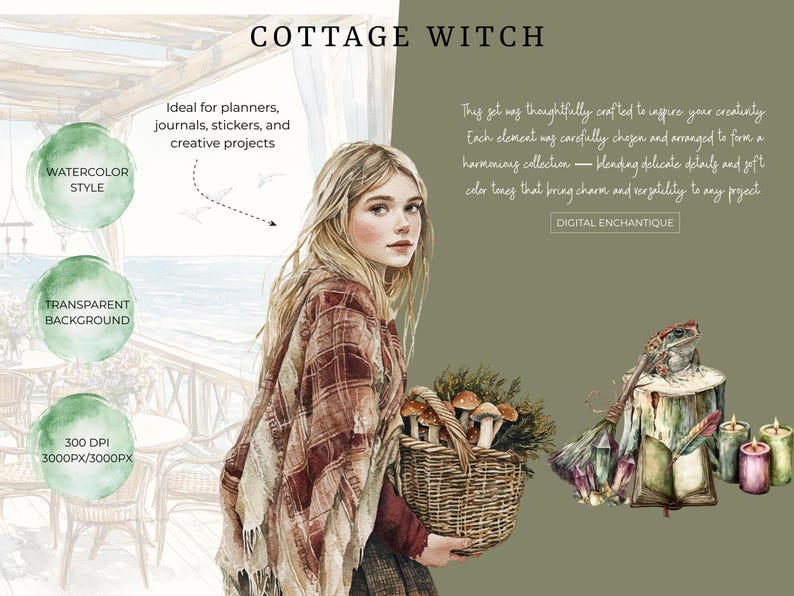 Watercolor cottage witch clipart featuring magical cottagecore elements, witchy items, and rustic pagan-inspired designs. Perfect for junk journals, digital stickers, planners, and scrapbooking.