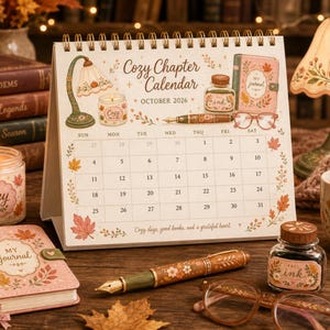 Op de afbeelding: Een spiraalgebonden bureaukalender getiteld Cozy Chapter Calendar October 2026, voorzien van herfstachtige illustraties van een lamp, kaars, inktpot, dagboek en bril. Het kalenderrooster toont data met herfstbladeren en de tekst Cozy days, good books, and a grateful heart.