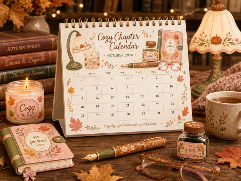 Op de afbeelding: Een spiraalgebonden bureaukalender getiteld Cozy Chapter Calendar October 2026, voorzien van herfstachtige illustraties van een lamp, kaars, inktpot, dagboek en bril. Het kalenderrooster toont data met herfstbladeren en de tekst Cozy days, good books, and a grateful heart.