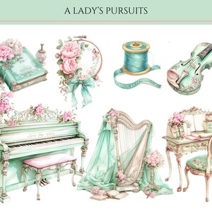 May include: A collection of vintage-inspired items, including a piano, harp, sewing supplies, a violin, and a book. The items are all decorated with delicate floral details and a light green and pink color scheme.