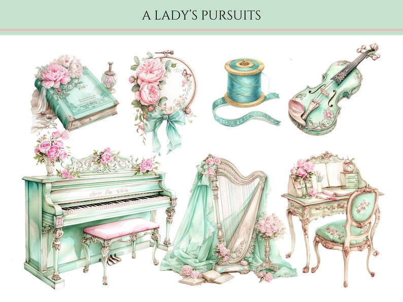 May include: A collection of vintage-inspired items, including a piano, harp, sewing supplies, a violin, and a book. The items are all decorated with delicate floral details and a light green and pink color scheme.