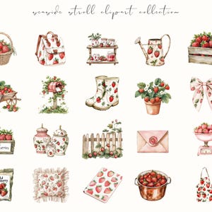 Watercolor strawberry harvest clipart featuring spring and summer cottagecore elements. Perfect for digital stickers, planners, and junk journal projects with a fresh, botanical feel.