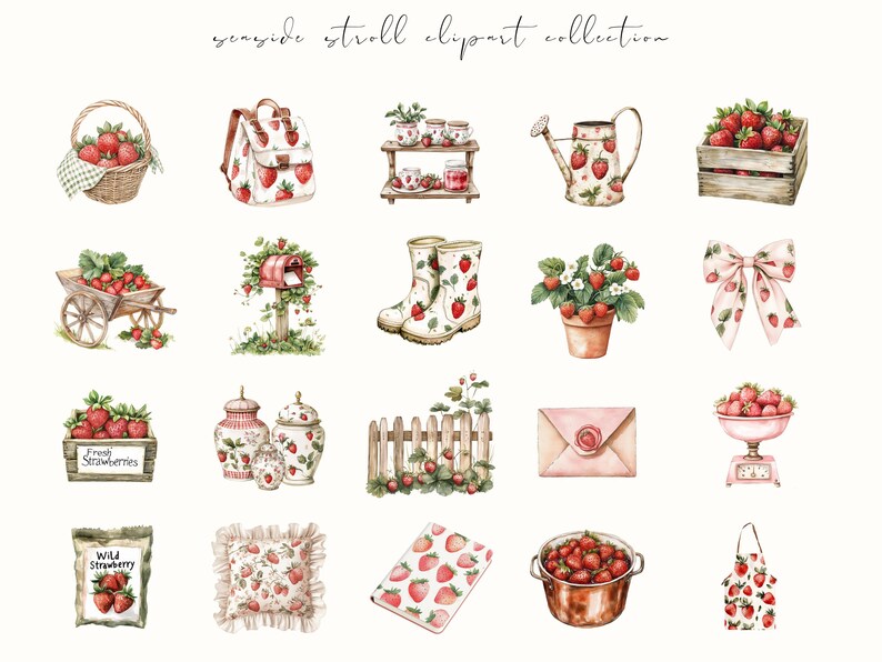 Watercolor strawberry harvest clipart featuring spring and summer cottagecore elements. Perfect for digital stickers, planners, and junk journal projects with a fresh, botanical feel.