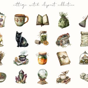 Watercolor cottage witch clipart featuring magical cottagecore elements, witchy items, and rustic pagan-inspired designs. Perfect for junk journals, digital stickers, planners, and scrapbooking.
