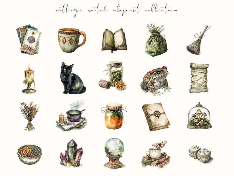 Watercolor cottage witch clipart featuring magical cottagecore elements, witchy items, and rustic pagan-inspired designs. Perfect for junk journals, digital stickers, planners, and scrapbooking.