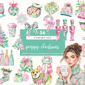 Preppy kerst clipart, roze en groene vakantie aquarel, kerstcoquette bloemen, notenkraker, boom, Grand millennial, png, sublimatie