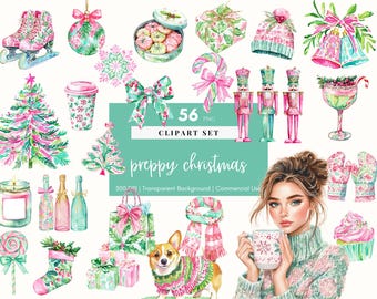 May include: A set of 56 preppy Christmas clip art images. The images include a Christmas tree, a nutcracker, a woman with a mug, a dog wearing a sweater, a candy cane, a gift, a stocking, a cupcake, a snowflake, a bell, a glass of champagne, a bow, a pair of mittens, a pair of ice skates, a candle, a bottle of champagne, a lollipop, a scarf, a wreath, a cookie, and a gift box.