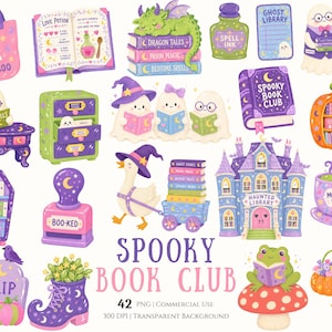 Puede incluir: Una colección de ilustraciones digitales con fantasmas, patos, ranas y calabazas con libros, incluyendo una biblioteca embrujada, una poción y un sello con la etiqueta BOO-KED. El texto SPOOKY BOOK CLUB aparece en la parte inferior.
