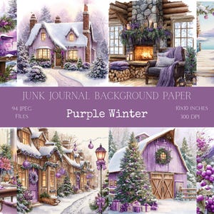 May include: Watercolor illustrations of winter scenes in shades of purple. The images include a snowy house, a cozy cabin with a fireplace, and a barn. The text "Purple Winter" is displayed on a purple banner.