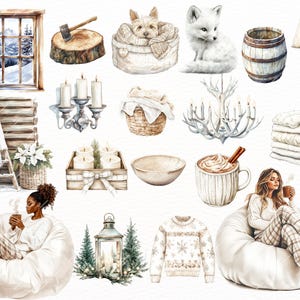 Watercolor cozy cabin clipart featuring boho Christmas elements, beige Christmas trees, sweaters, and holiday winter designs. Perfect for Christmas planners, scrapbooking, and digital projects