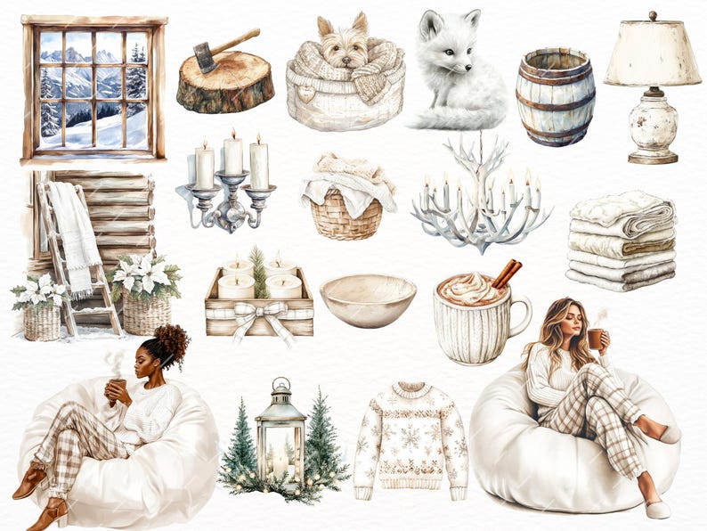 Watercolor cozy cabin clipart featuring boho Christmas elements, beige Christmas trees, sweaters, and holiday winter designs. Perfect for Christmas planners, scrapbooking, and digital projects
