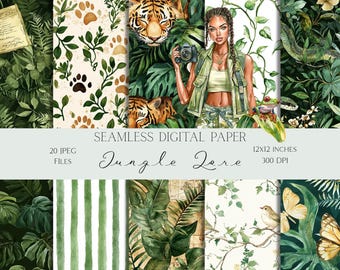 Papel digital de acuarela con patrones sin costuras de jungla, verde y blanco, fondos repetidos para álbumes de recortes digitales, papel de sublimación