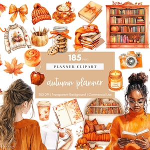 Clipart de planificador de otoño, pegatinas imprimibles en acuarela, clipart de otoño, elementos para planificadores digitales, diarios, álbumes de recortes y bullet journal