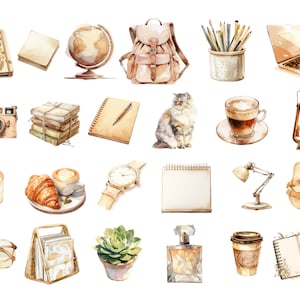 May include: A watercolor illustration of various objects, including a globe, a backpack, a camera, a cat, a coffee cup, a lamp, a notebook, a candle, a croissant, a watch, a succulent, a perfume bottle, a coffee cup, and a pair of sandals.