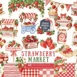 Puede incluir: Una colección digital de ilustraciones con temática de fresas que incluye un pastel, puestos de mercado, cestas de bayas, letreros con texto como BERRY RECIPES y FRESH BERRIES, un tarro de crema, un sombrero de paja, guantes y una rana.