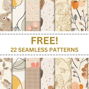 May include: A collection of 22 free seamless patterns featuring various designs, including floral, geometric, and abstract elements. The patterns are in a neutral color palette of beige, brown, and white.