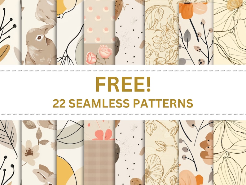 May include: A collection of 22 free seamless patterns featuring various designs, including floral, geometric, and abstract elements. The patterns are in a neutral color palette of beige, brown, and white.