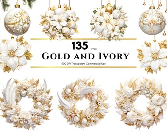 Christmas Wreath Gold and Ivory Ornaments, Winter Wreath, White Christmas Watercolor Clipart, Digital PNG, Instant Download, Commercial Use