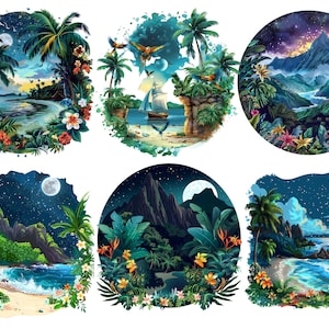 May include: Six circular illustrations depicting tropical island scenes at night. Each scene features a moon, stars, and lush foliage. Some scenes include a beach, ocean, and mountains.