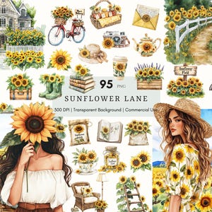 Aquarelle tournesol Lane Clipart, ambiance estivale, Floral cosy Cottagecore PNG, journal indésirable, planificateur d'autocollants, panier de tournesol cottage rustique