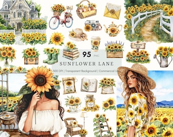Watercolor Sunflower Lane Clipart, Summer Vibe, Floral Cozy Cottagecore PNG, Junk Journal, Planner Stickers, Rustic Cottage Sunflower Basket