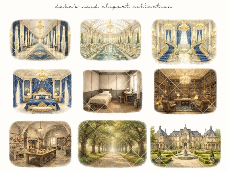 Op de afbeelding: Watercolor clipart collectie met negen illustraties van elegante interieur- en exterieursc&egrave;nes. Bevat een grote hal, een zonnige serre, een slaapkamer, een bibliotheek, een keuken, een met bomen omzoomd pad en een statig herenhuis. De tekst "duke's maid clipart collection" staat bovenaan.