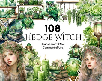 Hedge Witch Clipart Watercolor Set,Scrapbook, PNG, Junk Journal, Paper Crafts, Commercial Use