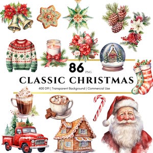 Christmas Classic Bundle Clipart, Zimowe Święta, Cyfrowy Plik PNG, Akwarela Clipart, Pobieranie Cyfrowe, Clipart, Użytek Komercyjny