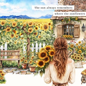 Watercolor Sunflower Lane clipart featuring cozy cottagecore sunflowers, floral baskets, and rustic summer vibes. Perfect for planner stickers, junk journals, and cottage-themed crafts.