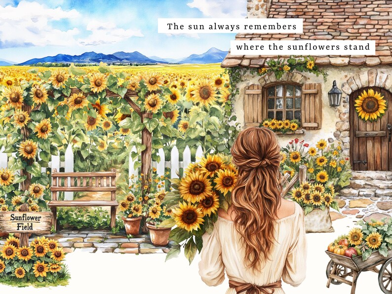 Watercolor Sunflower Lane clipart featuring cozy cottagecore sunflowers, floral baskets, and rustic summer vibes. Perfect for planner stickers, junk journals, and cottage-themed crafts.