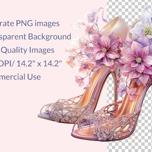 May include: A pair of high-heeled shoes decorated with pink and purple flowers. The shoes are made of a delicate, lace-like material and have a gold-toned heel.