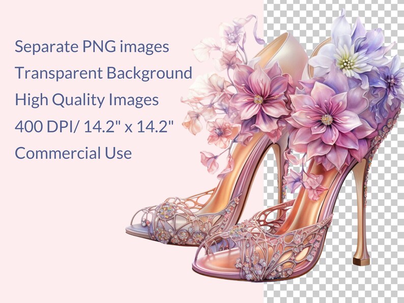 May include: A pair of high-heeled shoes decorated with pink and purple flowers. The shoes are made of a delicate, lace-like material and have a gold-toned heel.