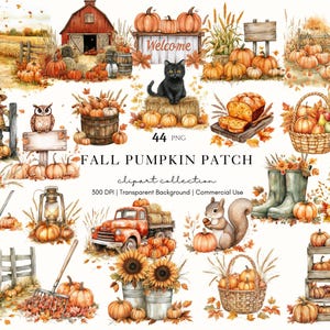 May include: A digital clipart collection titled FALL PUMPKIN PATCH featuring watercolor illustrations of pumpkins, a black cat, a red truck, sunflowers, baskets, a scarecrow, an owl, a squirrel, and autumn foliage on a white background.