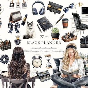 Op de afbeelding: Waterverfillustratie met een verzameling zwart-wit thema briefpapier en lifestyle items. Inclusief een bureau, kat, koptelefoon, planner en de tekst "BLACK PLANNER clipart collection".