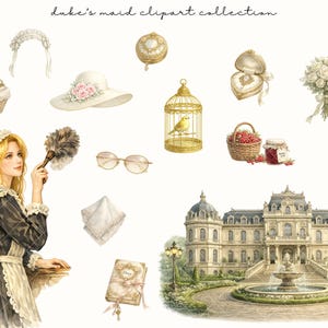 Op de afbeelding: Waterverfillustratie met een blonde vrouw in een dienstmeisjesoutfit, omringd door vintage accessoires. Inclusief een witte zonnehoed met roze bloemen, een vogelkooi met een gele vogel en een groot herenhuis. Tekst luidt "duke's maid clipart collection."