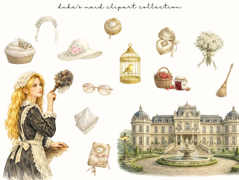 Op de afbeelding: Waterverfillustratie met een blonde vrouw in een dienstmeisjesoutfit, omringd door vintage accessoires. Inclusief een witte zonnehoed met roze bloemen, een vogelkooi met een gele vogel en een groot herenhuis. Tekst luidt "duke's maid clipart collection."