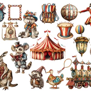 Vintage Circus Clipart featuring clowns, carnival elements, and fair cards. Perfect for junk journals, digital scrapbooking, printable ephemera, and carnival-themed projects.