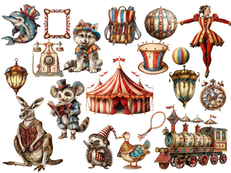 Vintage Circus Clipart featuring clowns, carnival elements, and fair cards. Perfect for junk journals, digital scrapbooking, printable ephemera, and carnival-themed projects.