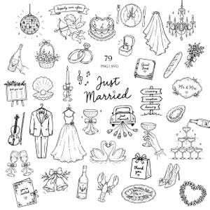 May include: A collection of black and white line art illustrations featuring wedding-themed icons including a disco ball, cupid, heart-shaped cake, rings, veil, chandelier, tuxedo, gown, champagne tower, swans, and text reading 79 PNG | SVG Just Married.
