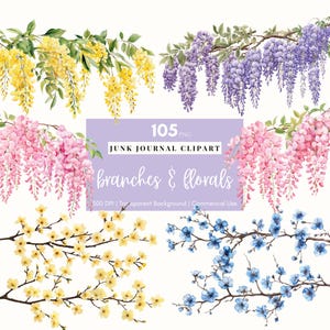 Trädgren Clipart, Akvarell Blommiga Kvistar, Blåregn PNG Körsbärsblom Clip Art Cottagecore Junk Journal Ephemera Border Corner Scrapbook