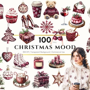 Clipart invernale accogliente, Clipart natalizio, Cottagecore ad acquerello, PNG di Natale boho, Albero di Natale, Maglione di Natale, Ghirlanda di Natale