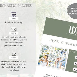 Op de afbeelding: Een digitale download-instructiekaart met een aankoopprocesgids in drie stappen, een bedankbericht en drie klikbare knoppen. Het ontwerp bevat een collage van blauwe en gele illustraties met een citrus-thema en bijbehorende tekst.