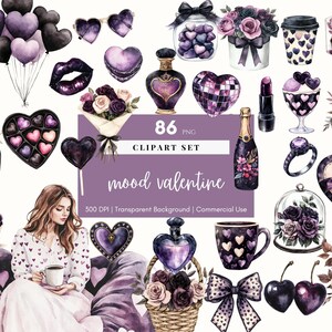 Clipe de Dia dos Namorados Roxo Planejador de Dia dos Namorados Aquarela Clipe de Arte Romântica PNG Boho Dia dos Namorados Urso de Pelúcia Adesivo Digital Rosas Roxas Clipart