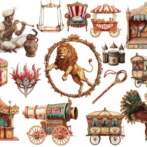 Vintage Circus Clipart featuring clowns, carnival elements, and fair cards. Perfect for junk journals, digital scrapbooking, printable ephemera, and carnival-themed projects.