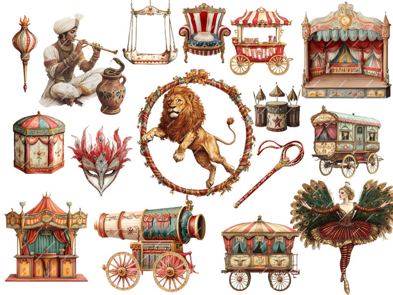 Vintage Circus Clipart featuring clowns, carnival elements, and fair cards. Perfect for junk journals, digital scrapbooking, printable ephemera, and carnival-themed projects.