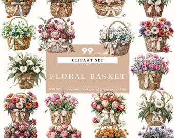 Aquarell Frühling Korb Clipart, Floral Clipart, Korb mit Blumen Clipart, Blumenkorb, Junk Journal Art, Digital Sticker Planner